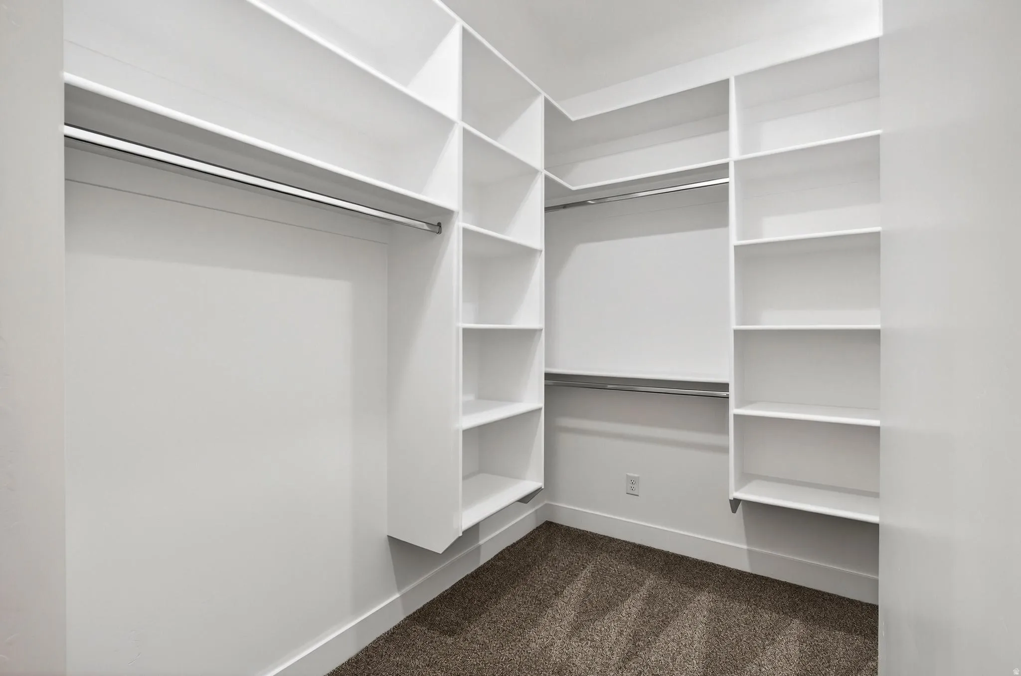 Walk-in closet featuring built-in shelving, chrome hanging rods, white trim, and neutral carpet