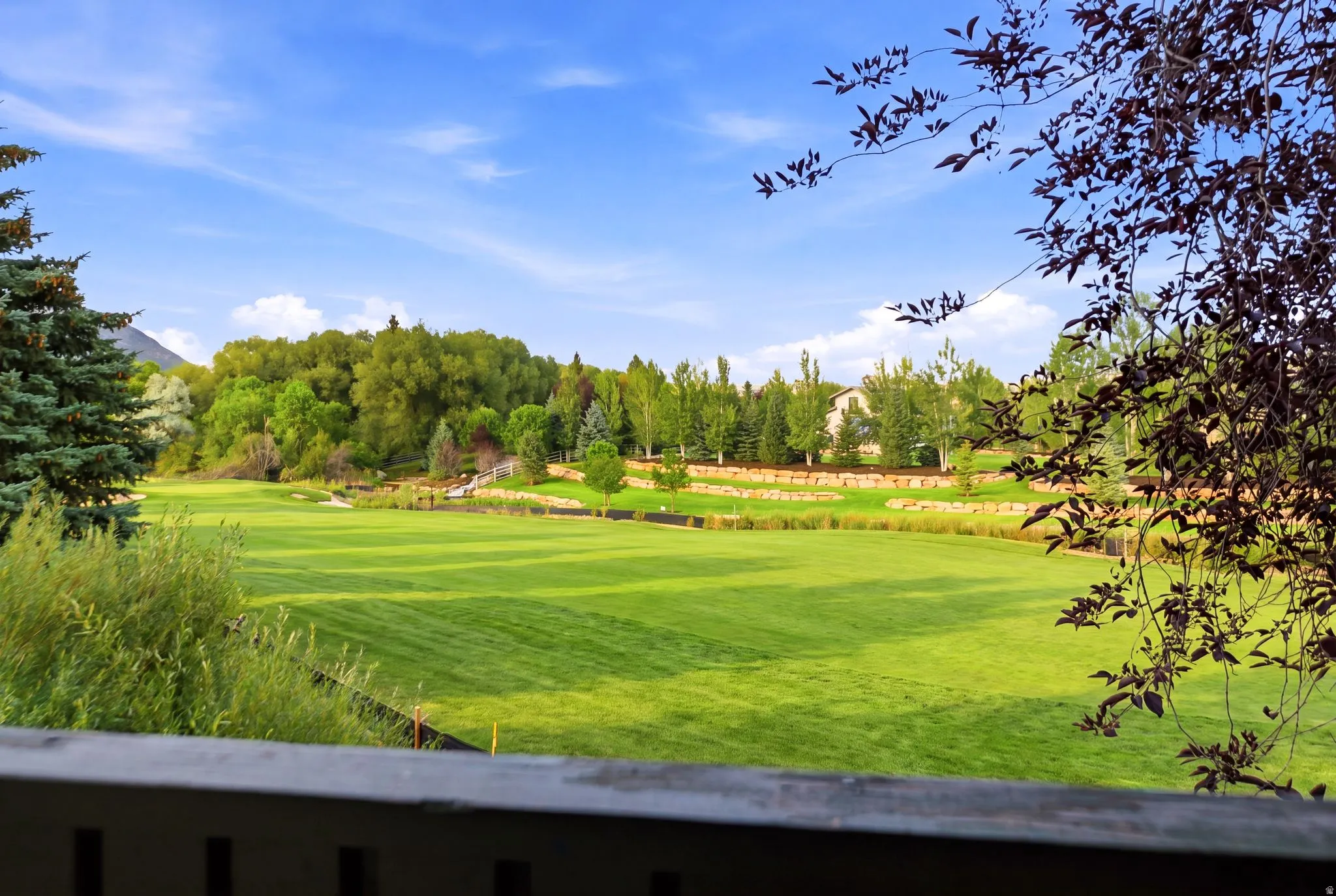 Expansive green landscape with mature trees and tiered stone retaining walls