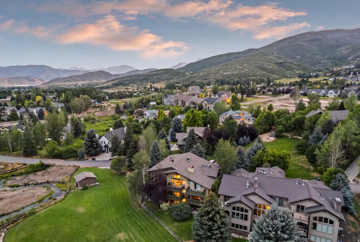 Expansive landscape featuring an elevated residential area with mature trees and mountain scenery