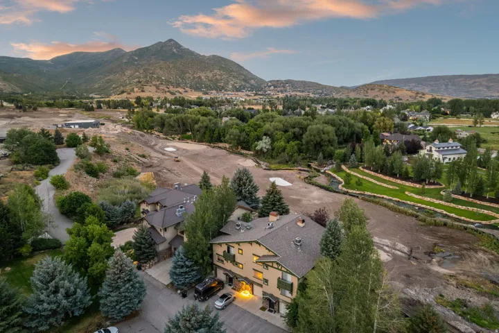 Aerial perspective showcasing multiple residential structures, surrounded by varied mature trees, with a prominent mountain range backdrop