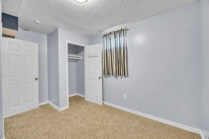Carpeted room with light blue walls, white paneled doors, and a built-in closet featuring a hanging rod