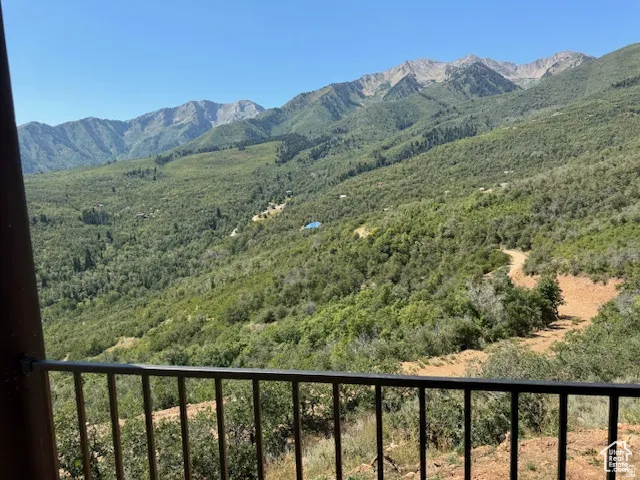 Mountain landscape featuring extensive tree coverage, a clear sky, and a distant mountain range