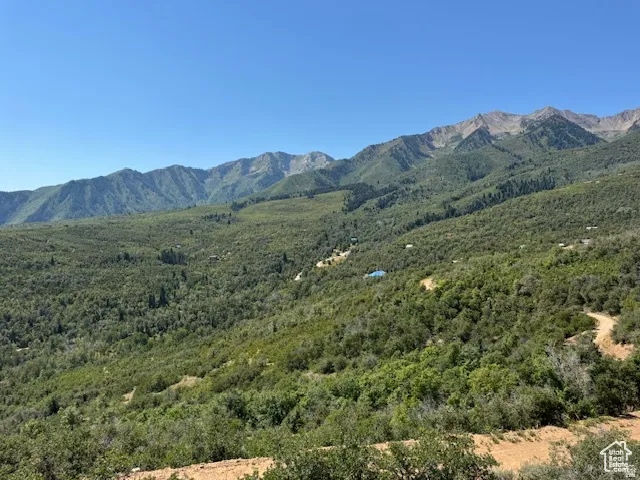 Expansive mountainous terrain with lush green foliage and scattered residences