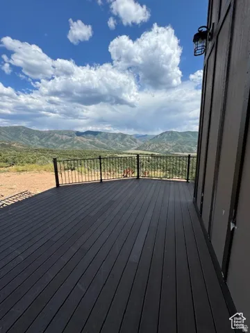 Expansive outdoor deck featuring dark composite decking and a black metal railing