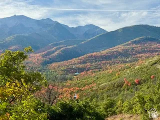 Expansive mountain landscape featuring varied elevations and a mix of green and autumnal foliage