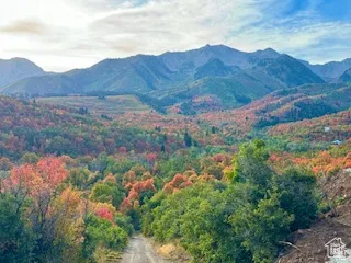 Expansive mountainous terrain with vibrant autumn foliage