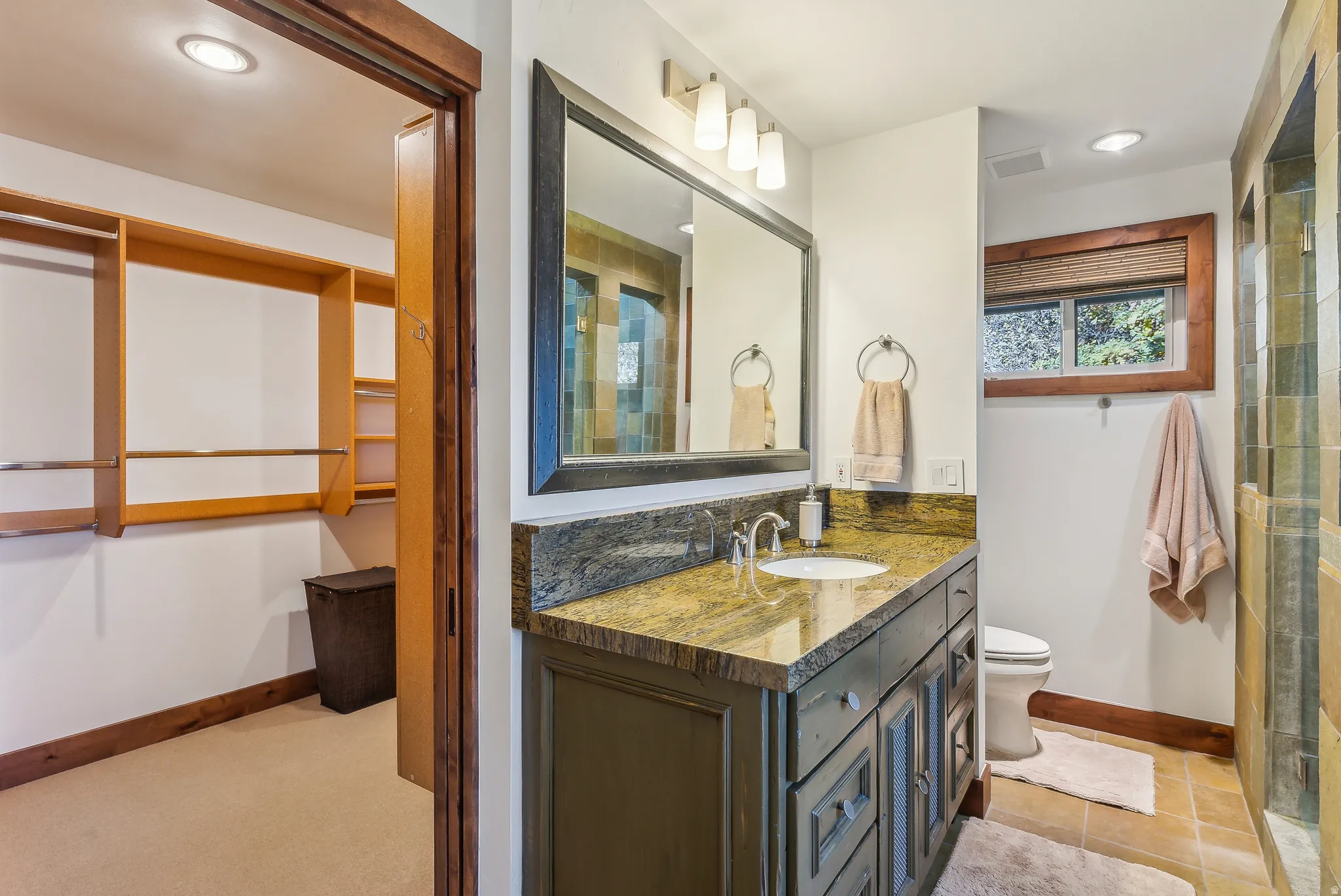 Bathroom with a single vanity featuring a stone countertop and an undermount sink