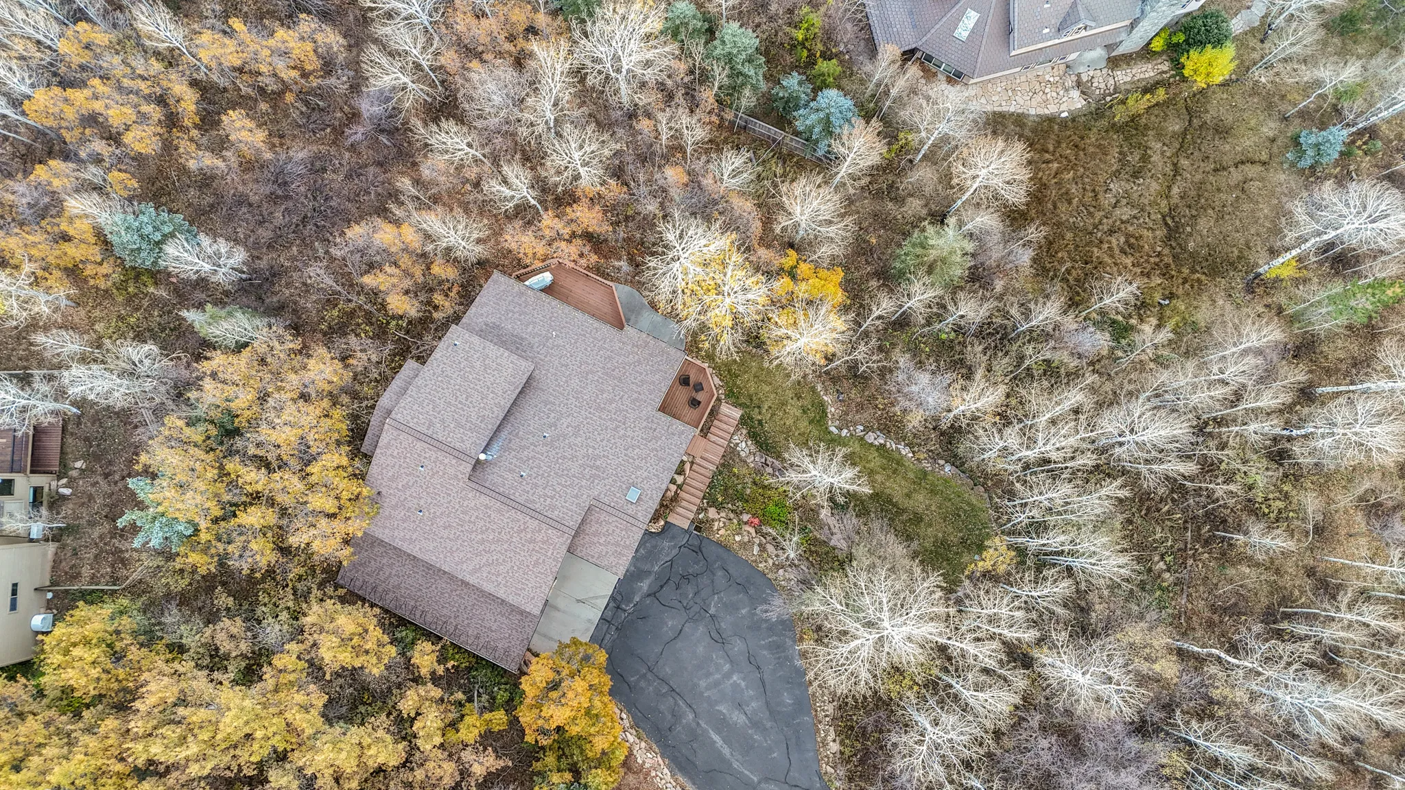Expansive natural surroundings featuring a private driveway, multi-level roofline, and a secluded rear deck