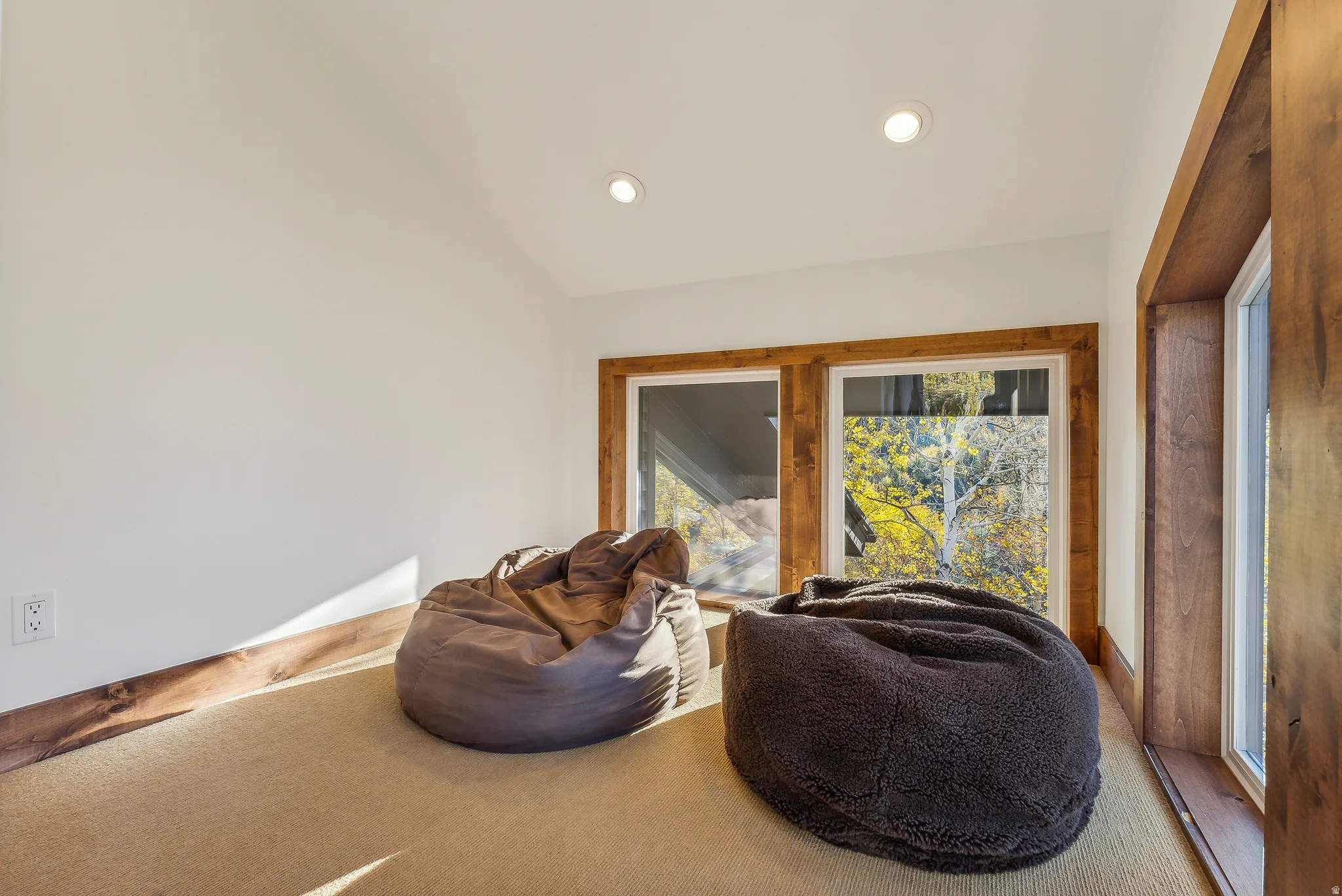 Carpeted loft area featuring warm wood-trimmed windows