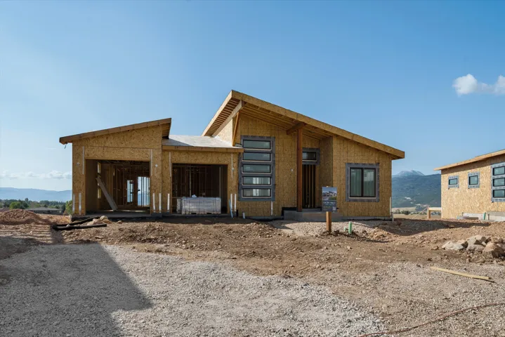New construction residence featuring a contemporary design with a prominent front entry, multi-pane windows, and an attached two-car garage