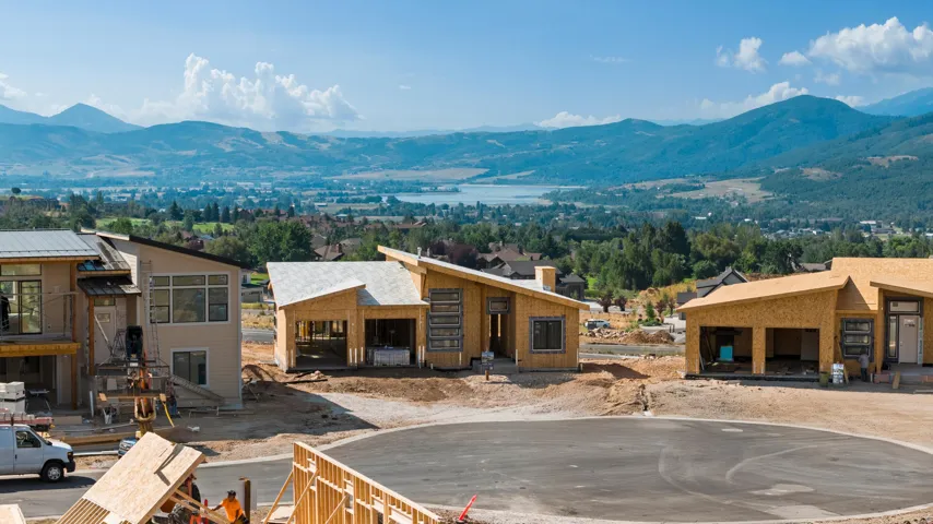 Modern residential construction featuring multiple properties in various stages of completion