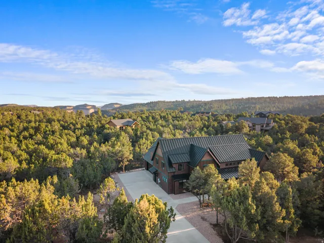 Contemporary residence featuring a dark metal roof, wood siding, and an expansive paved driveway