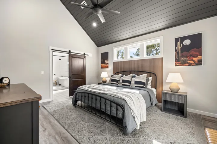 Vaulted ceiling with dark wood-finish planking and ceiling fan and ensuite bathroom