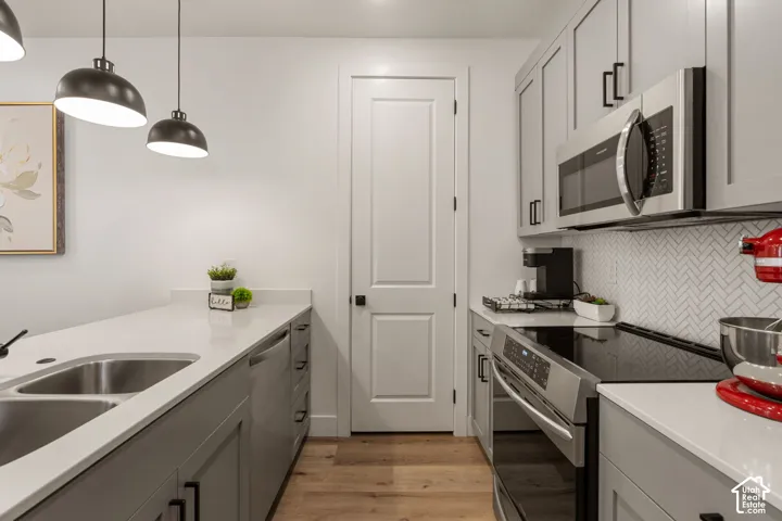 Modern kitchen featuring light gray cabinetry with black hardware, stainless steel appliances, and wood-finish flooring