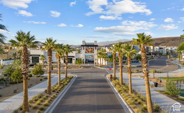 Streetscape featuring a median lined with palm trees and low-maintenance landscaping, contemporary architectural styles, and distant mountain ranges