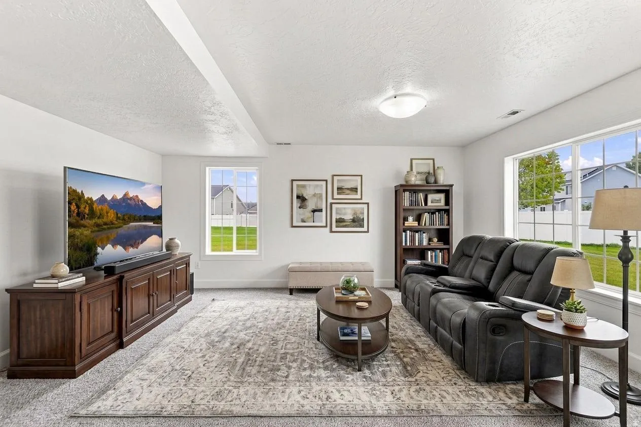 Spacious room featuring light gray carpet, multiple windows, and a recessed ceiling element. AI generated photo