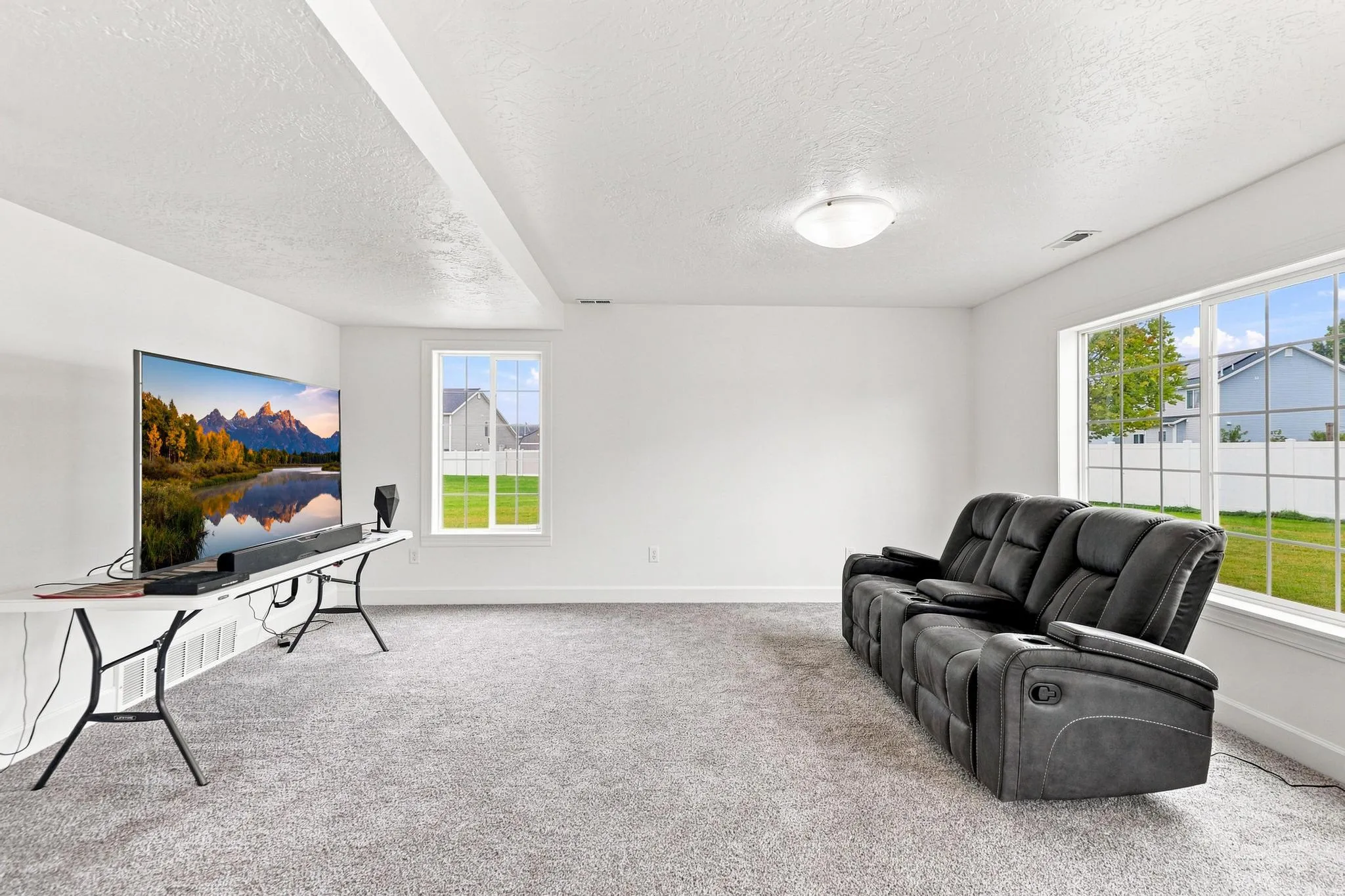 Spacious room featuring light gray carpeting, crisp white walls, and two large windows with grid patterns