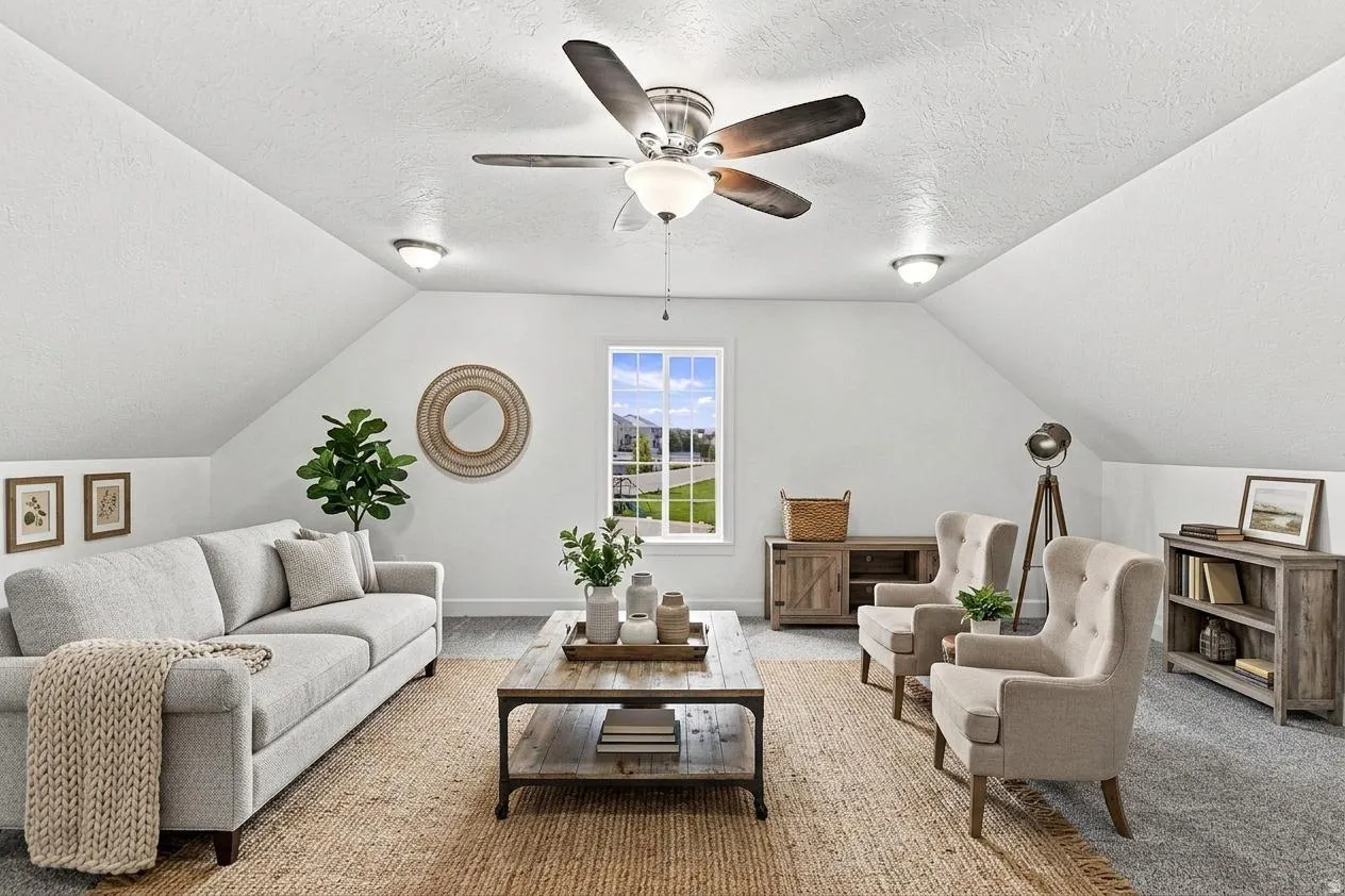 Carpeted bonus room featuring a window with exterior views, vaulted ceiling, and recessed lighting. AI Generated photo