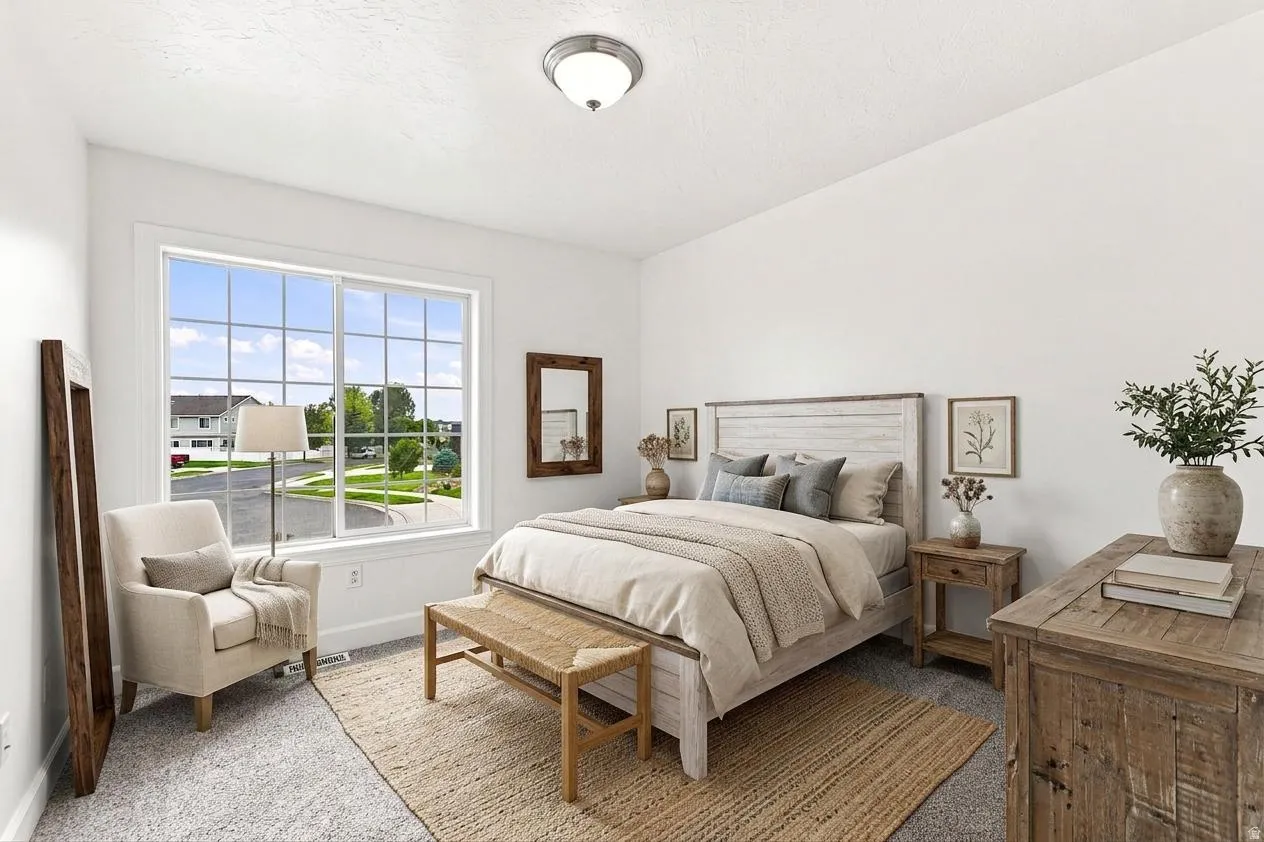 Bright bedroom featuring a large window with grid pattern, white trim, recessed lighting, and grey carpeting. AI Generated photo