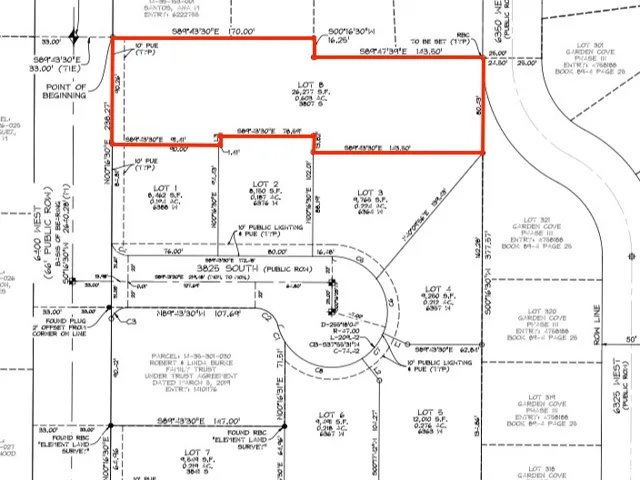 Plat Map. Illustrating the property's boundary and adjacent parcels with relevant measurements and designations