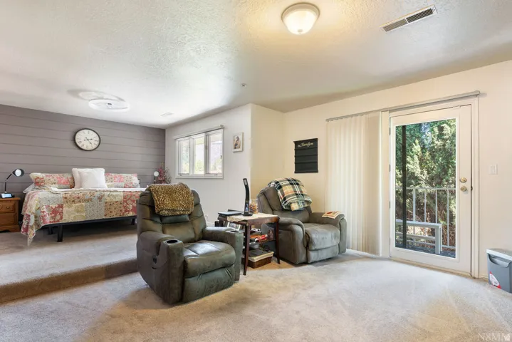 Carpeted room featuring a shiplap accent wall, multiple windows, and a glass-paneled door