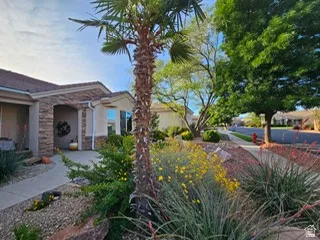 Front exterior featuring stacked stone accents, an arched entryway, and a mature palm tree