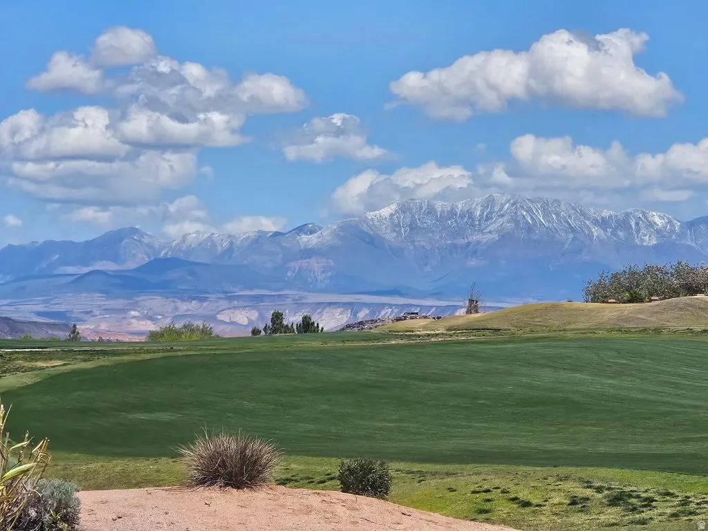 Expansive green terrain with distant snow-capped mountains under a blue sky with white clouds