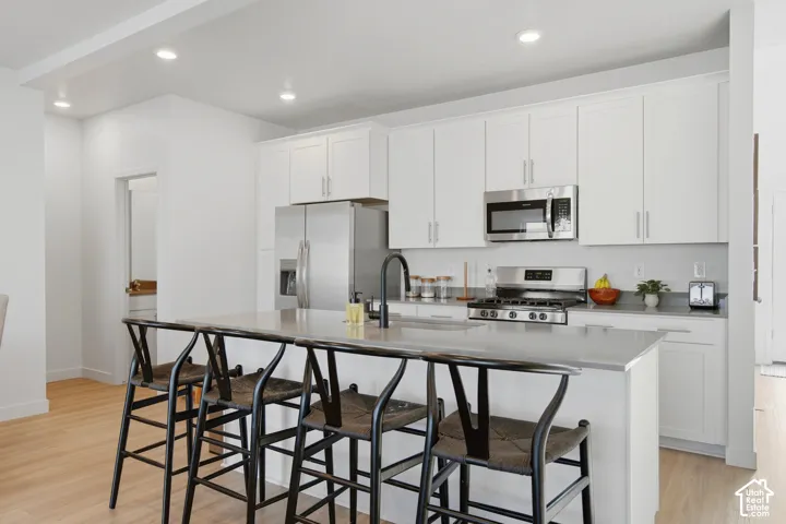 Modern kitchen featuring white cabinetry, stainless steel appliances, a large island with seating, recessed lighting, and wood-finish flooring