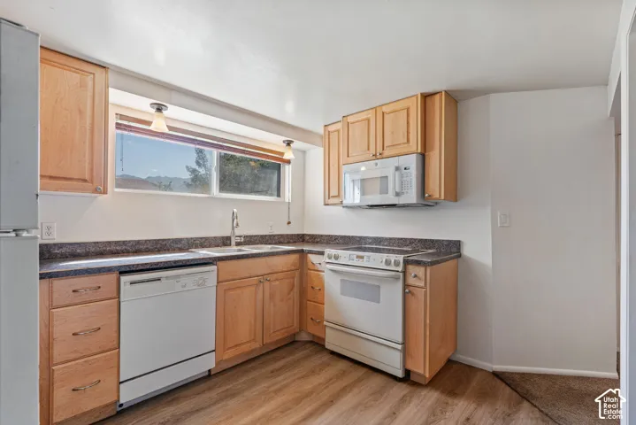 Kitchen featuring wood-finish cabinetry, dark speckled countertops, and a double basin sink