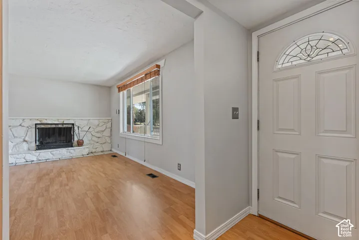Entryway with a paneled door featuring a decorative arched transom, opening to a living area with wood-finish flooring, a stone-surround fireplace, and a large window