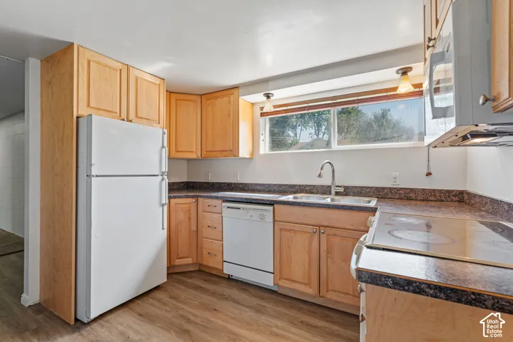 Kitchen featuring wood-finish flooring, light wood cabinetry, dark speckled countertops, and a double basin sink with a gooseneck faucet