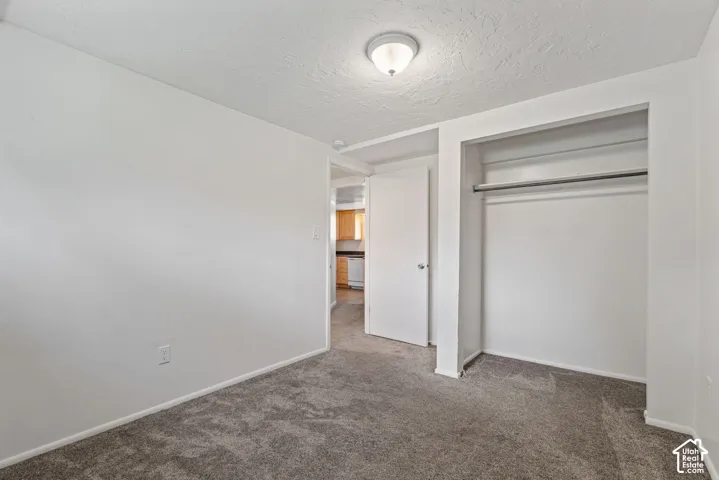 Carpeted room featuring a ceiling-mounted light fixture, an open doorway, and an open closet with a clothes rod