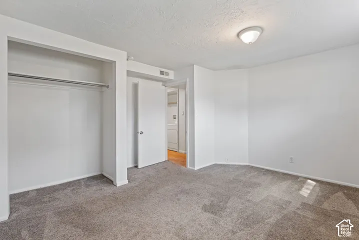 Carpeted room featuring a built-in closet with hanging rod, white walls, and a flush-mount ceiling light fixture
