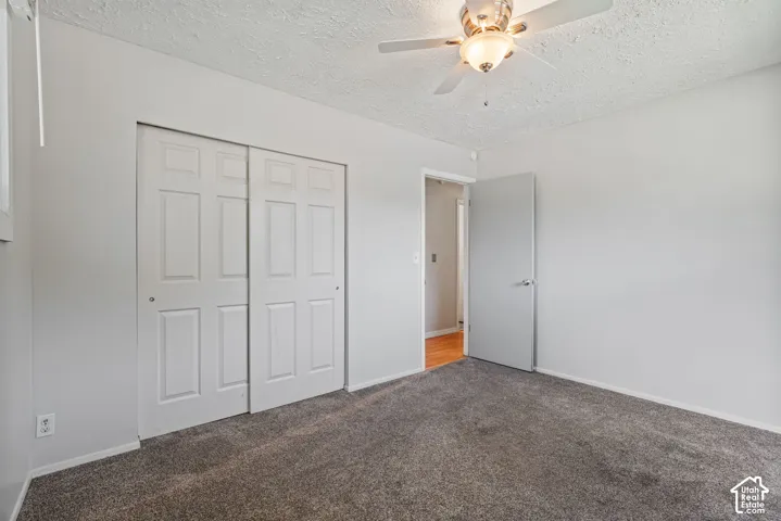 Room featuring neutral wall tones and dark gray carpet