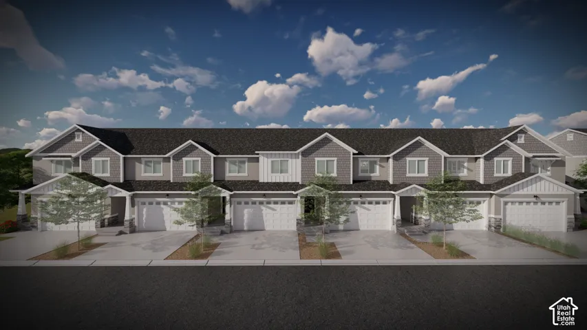 Row of townhomes featuring gray siding and white trim