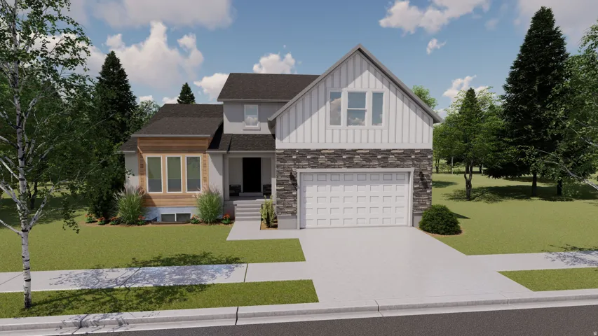 Modern two-story residence featuring a two-car garage, stone and vertical siding accents, a prominent front entry, triple front windows, and mature surrounding trees