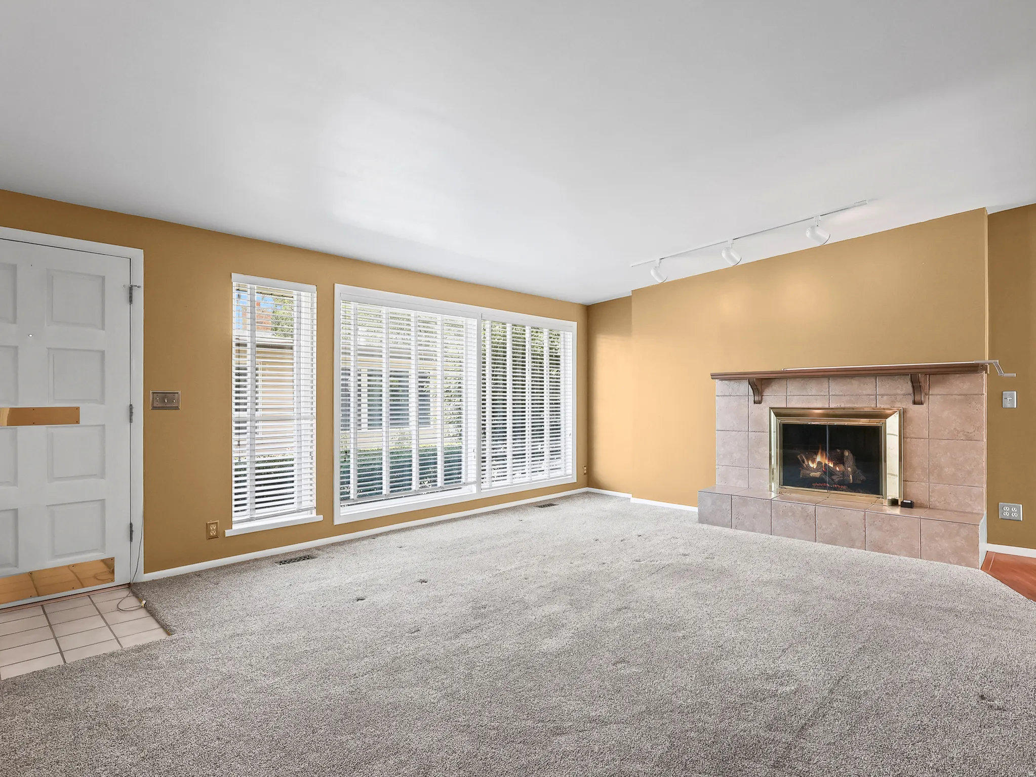 Living room with a tiled fireplace featuring a wood mantle, large windows with horizontal blinds, track lighting, and gray carpeting