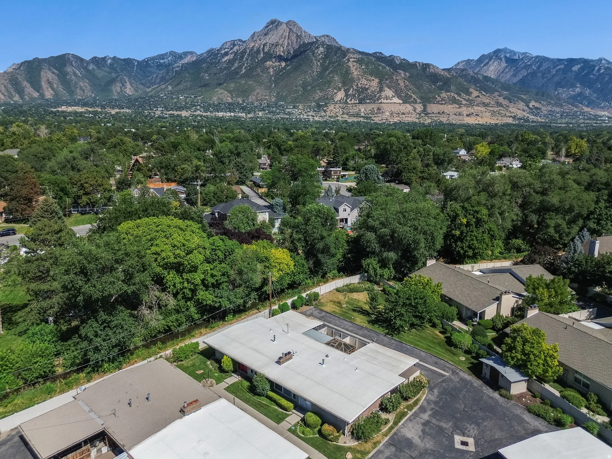 Expansive mountain backdrop with a residential area featuring mature trees and varied rooflines