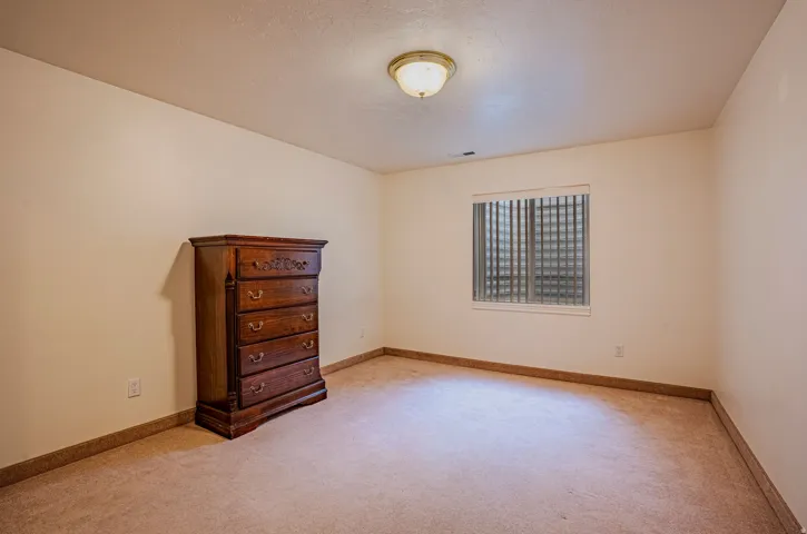 Carpeted room featuring a window with vertical blinds and a flush-mount ceiling light