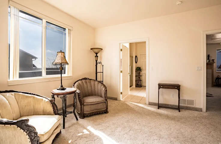 Primary Bedroom with bright interior space featuring a large window, neutral wall paint, and patterned carpeting