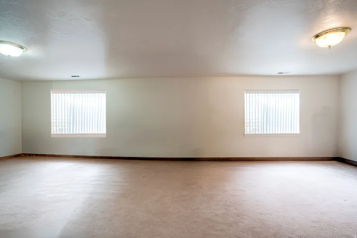 Spacious room featuring neutral carpeting, two windows with vertical blinds, and a textured white ceiling with two flush-mount light fixtures