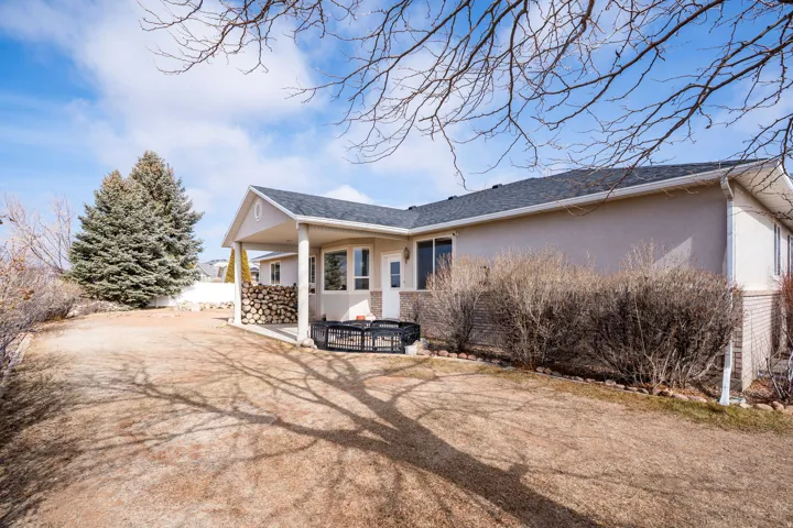 Spacious backyard featuring a covered patio, stucco exterior, brick foundation, and mature evergreen trees