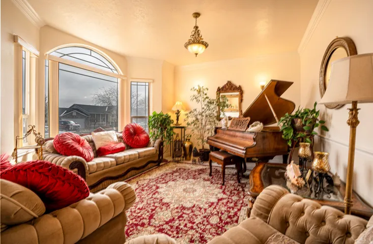 Living space featuring a large bay window with arched transom, crown molding, a decorative ceiling light fixture, and wood-finish flooring
