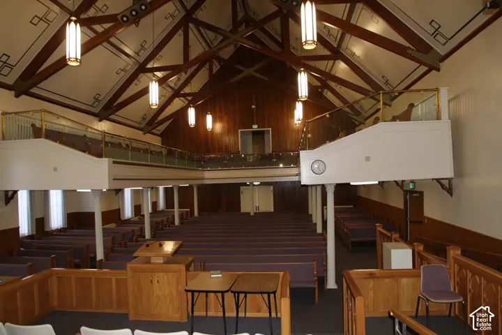 Vaulted ceiling with exposed wood beams