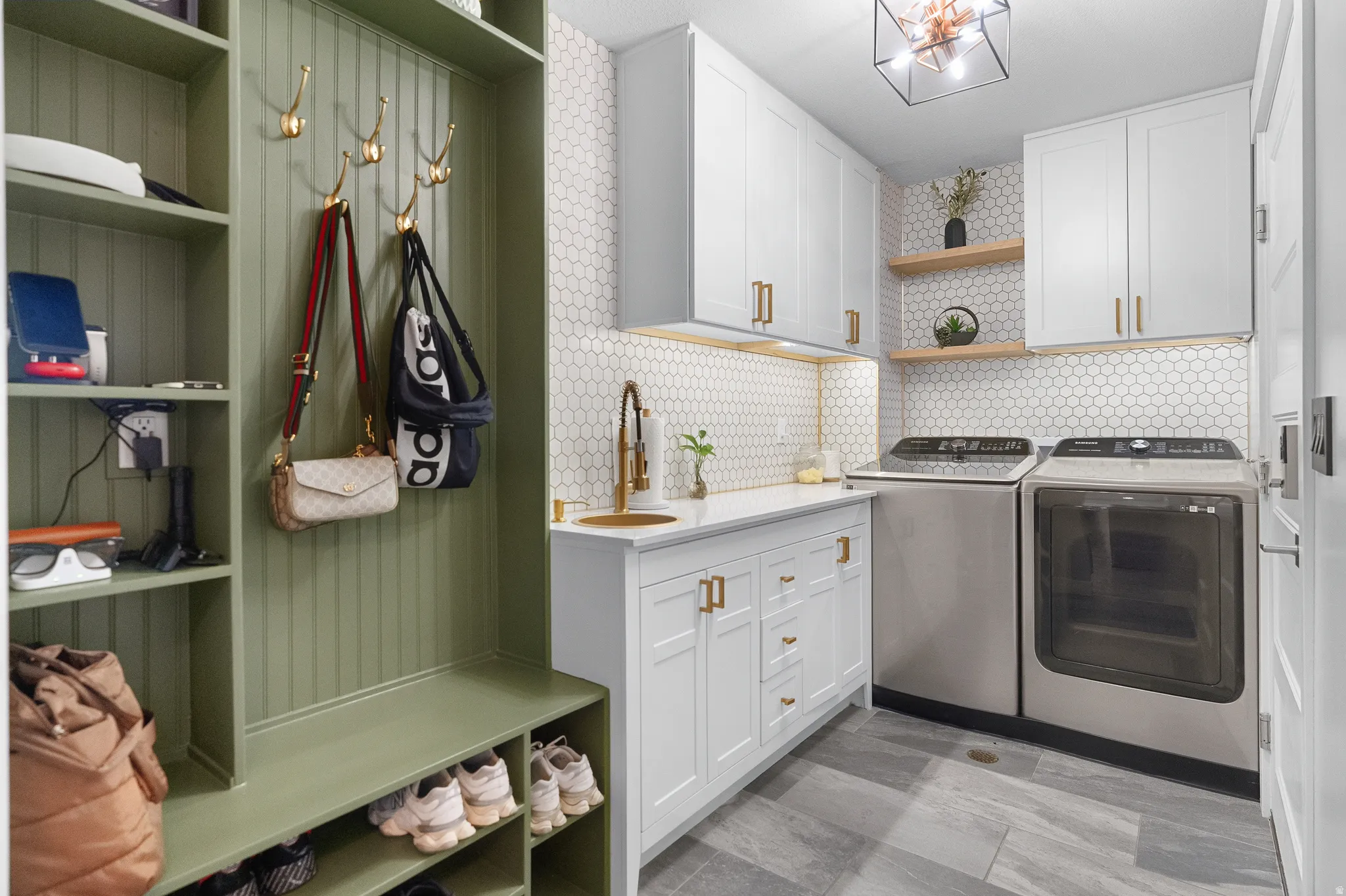 Built-in mudroom bench with shelving and coat hooks