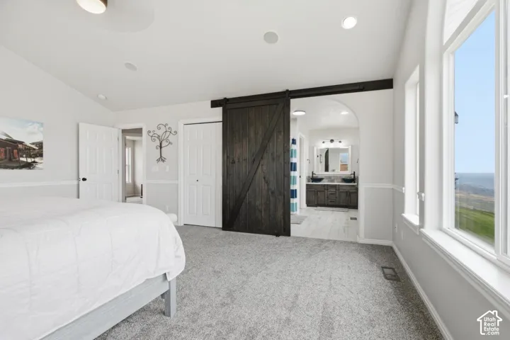Spacious room featuring light-toned walls, gray carpeting, and large windows