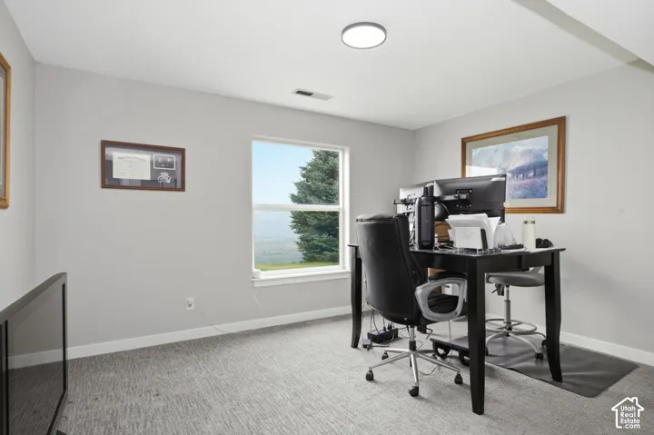 Carpeted room with light gray walls, white trim, and a window framing a water and tree landscape