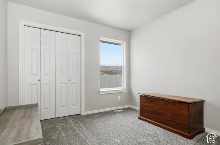 Room featuring light gray wall paint, gray patterned carpeting, and a window with white trim