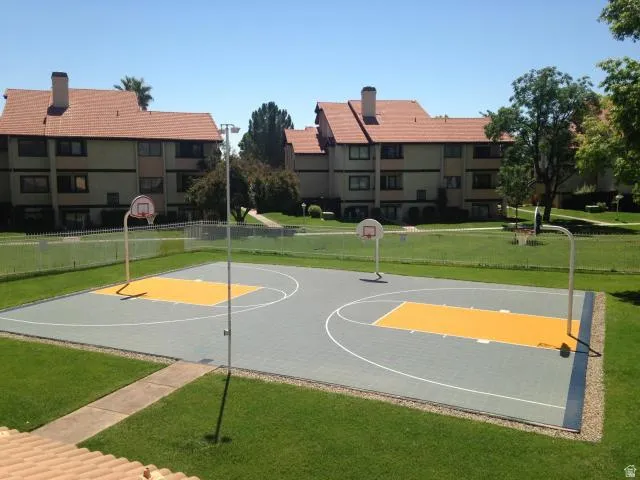 Basketball court featuring two hoops and painted court lines