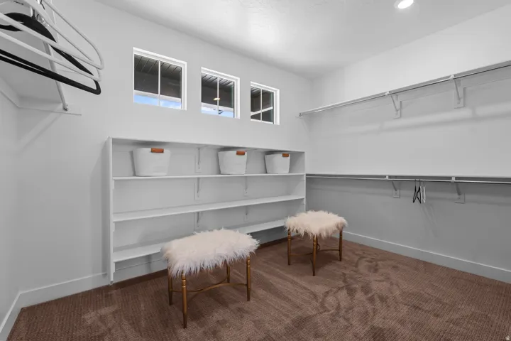 Spacious walk-in closet featuring built-in shelving, multiple hanging rods, three windows, recessed lighting, and carpet flooring